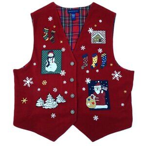 Karen Scott Christmas Vest XL Embroidered Applique Santa Stocking Snowman Snow